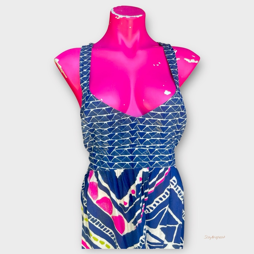 🌸 Sleeveless Cutout Midi Dress – Navy Blue & Multi-Color Abstract Print – Size M